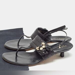 Gucci Black Leather Slingback Thong Sandals with Gold Tassel Hardware